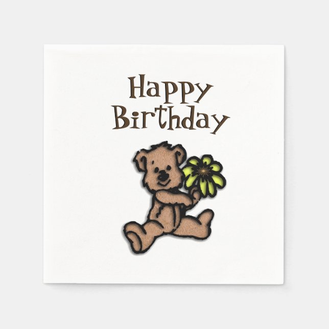 Rustic Daisy Bear Birthday Napkins (Front)