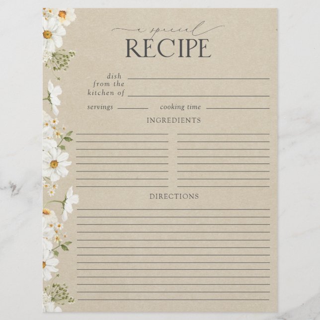 Rustic Daisy Bridal Shower Recipe Binder Page (Front)