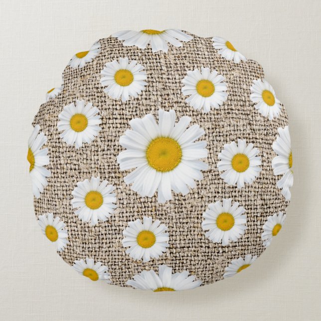Rustic Daisy Burlap - Farmhouse Floral Round Pillow (Front)