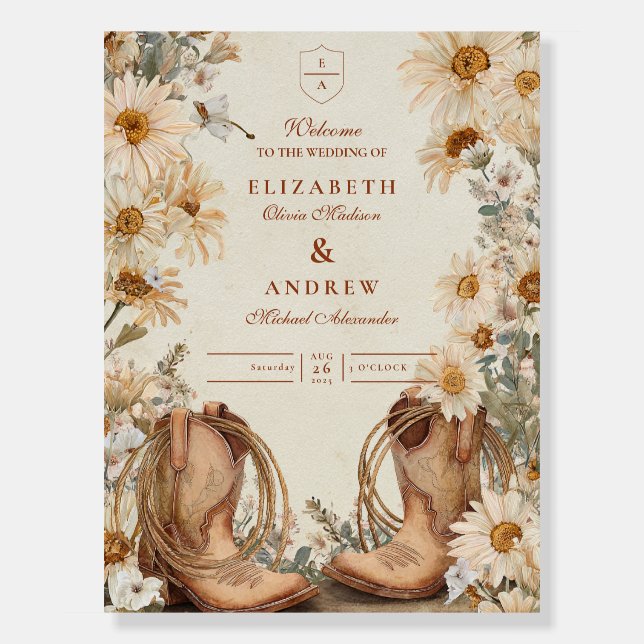 Rustic Daisy Cowgirl Boots Wedding Foam Board (Front)