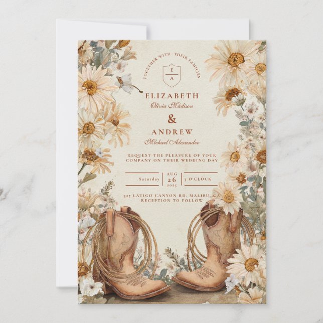 Rustic Daisy Cowgirl Boots Wedding Invitation (Front)