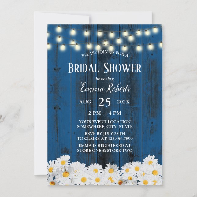 Rustic Daisy Floral Navy Barn Wood Bridal Shower Invitation (Front)