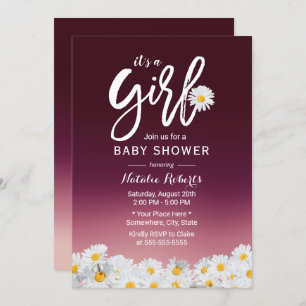 Rustic Daisy Flowers Burgundy Red Girl Baby Shower Invitation