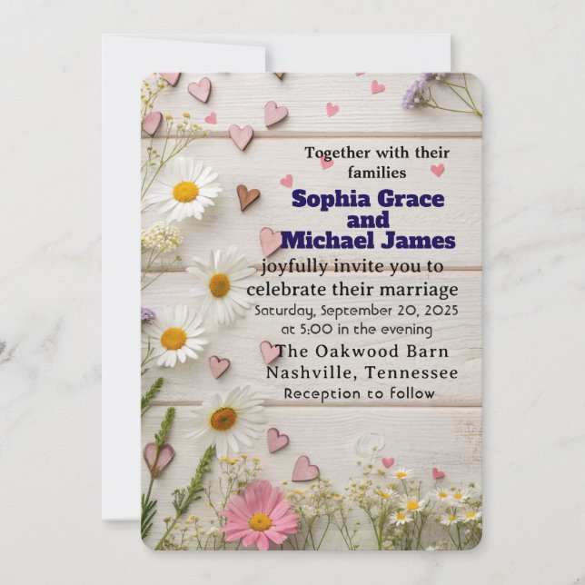 Rustic Daisy & Heart Wedding Invitation (Front)