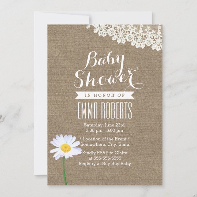 Rustic Daisy & Lace Burlap Baby Shower Invitations (Front)