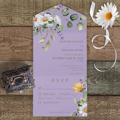 Rustic Daisy  Lavender Floral Purple Dinner All In One Invitation