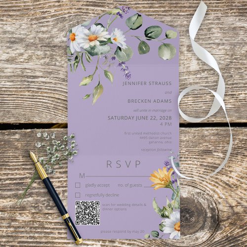 Rustic Daisy  Lavender Floral Purple QR Code All In One Invitation