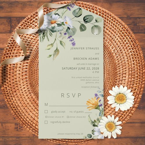Rustic Daisy  Lavender Floral Sage Green Dinner All In One Invitation