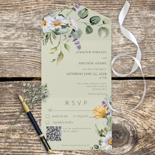 Rustic Daisy Lavender Floral Sage Green QR Code All In One Invitation
