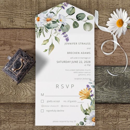 Rustic Daisy  Lavender Floral White Dinner All In One Invitation