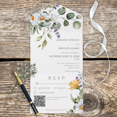 Rustic Daisy  Lavender Floral White QR Code All In One Invitation