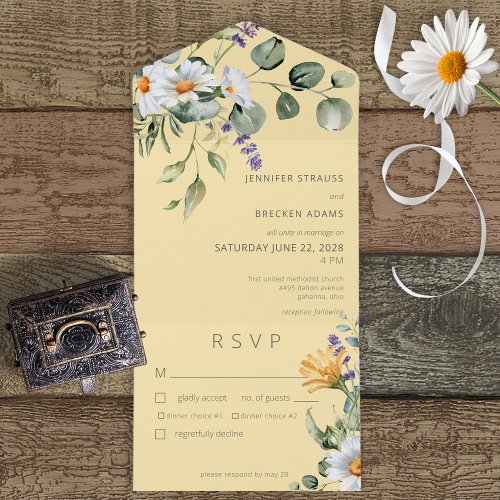 Rustic Daisy  Lavender Floral Yellow Dinner All In One Invitation
