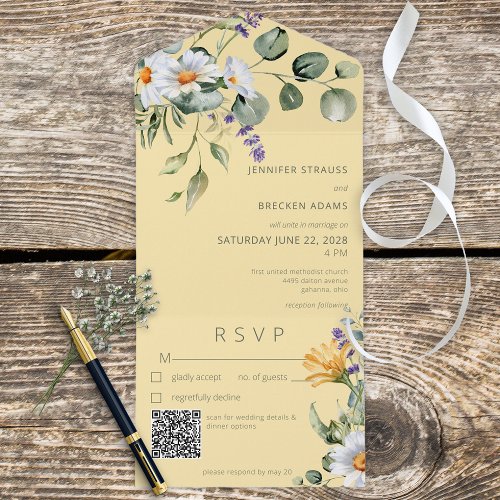 Rustic Daisy  Lavender Floral Yellow QR Code All In One Invitation