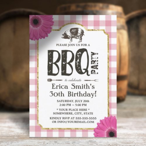 Rustic Daisy Pig Roast BBQ Pink Plaid Birthday Invitation