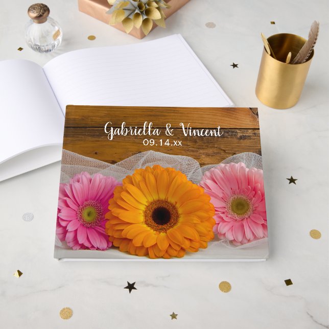 Rustic Daisy Trio and Barn Wood Country Wedding Guest Book (Front Open)