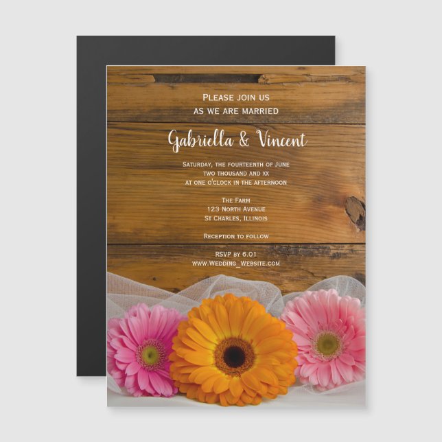 Rustic Daisy Trio Country Barn Wedding Magnetic Invitation (Front/Back)
