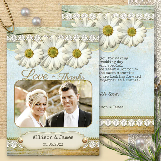 Rustic Daisy Wedding Photo Thank You Card | Zazzle