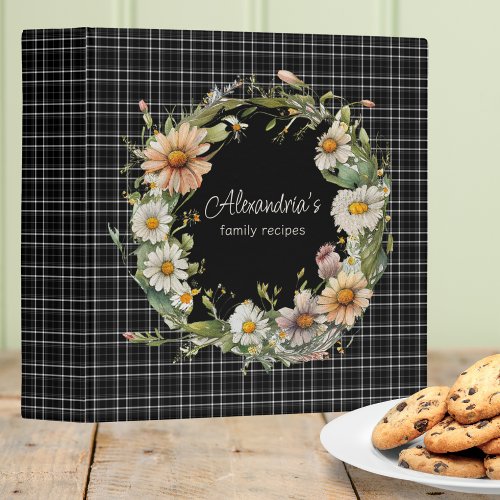 Rustic Daisy Wreath on Black  White Plaid Recipe  3 Ring Binder