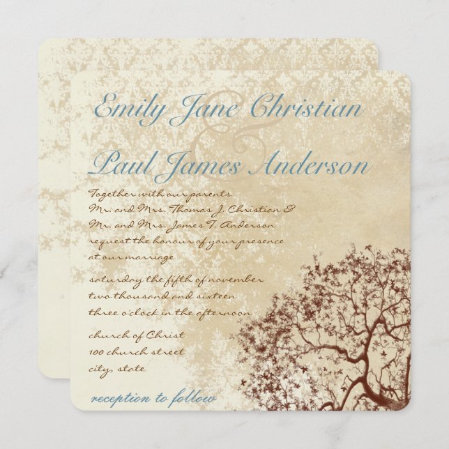 Rustic Damask Brown Tree Teal Font Wedding Invite (Front/Back)