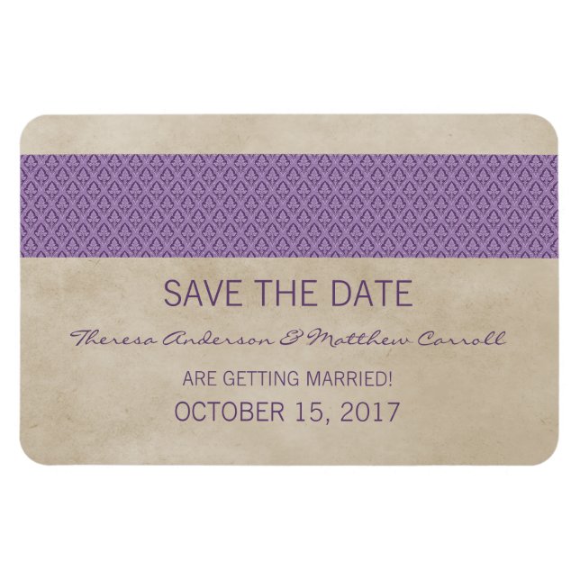 Rustic Damask Save the Date Magnet, Purple Magnet (Horizontal)