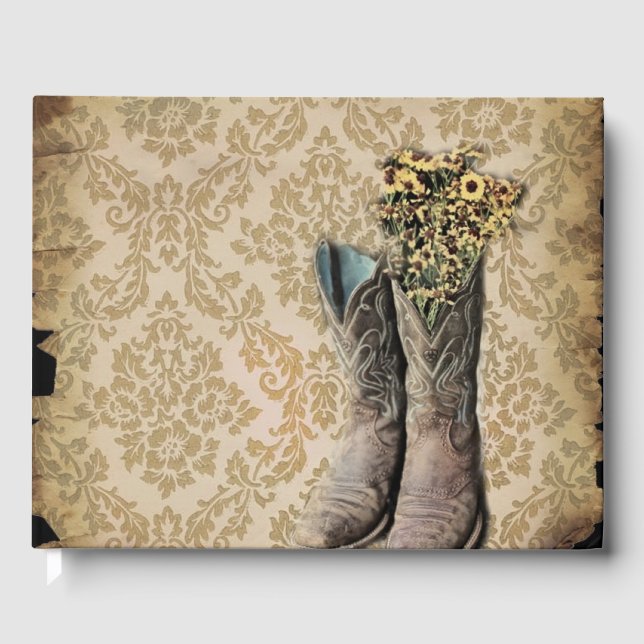 rustic damask western country barn wedding guest book (Front)
