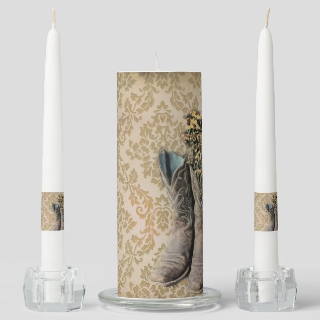 rustic damask western country barn wedding unity candle set (Front)