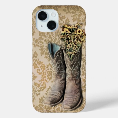 rustic damask western country cowboy boot iPhone 15 case