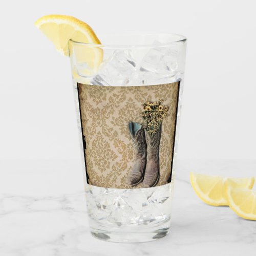 rustic damask western country cowboy boot glass