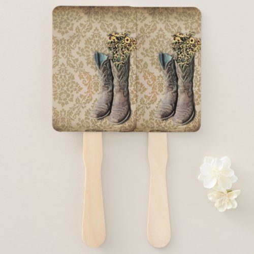 rustic damask western country cowboy boot hand fan