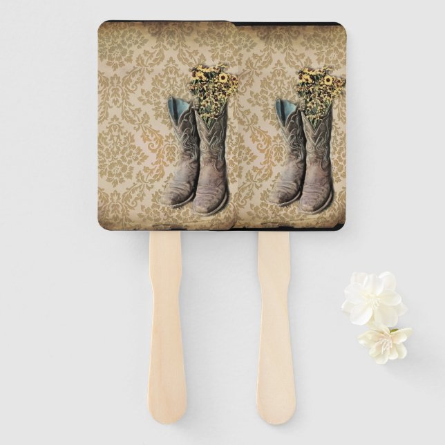 rustic damask western country cowboy boot hand fan (Front and Back)