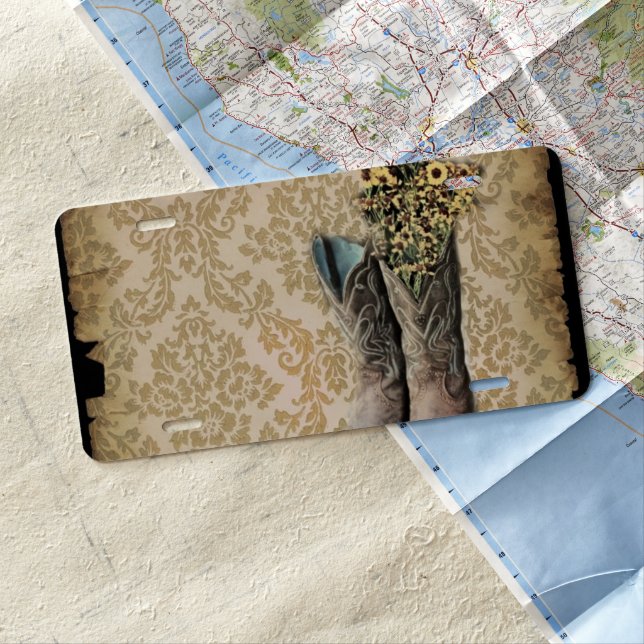 rustic damask western country cowboy boot license plate (In Situ)