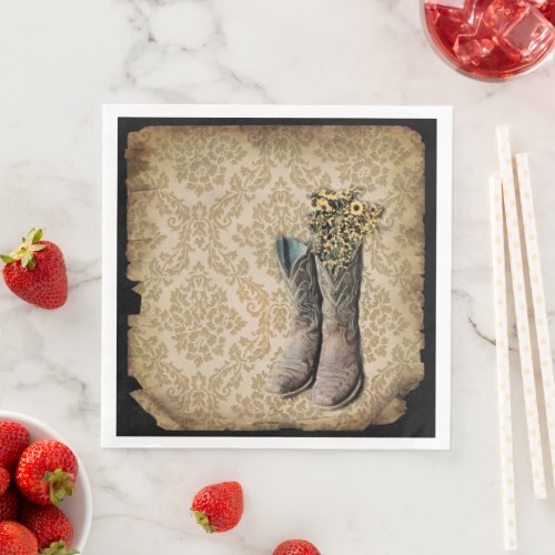 rustic damask western country cowboy boot paper dinner napkins