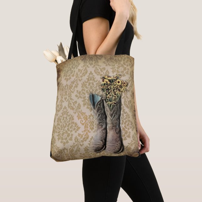rustic damask western country cowboy boot tote bag (Close Up)