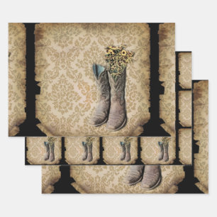 rustic damask western country cowboy boot wrapping paper sheets