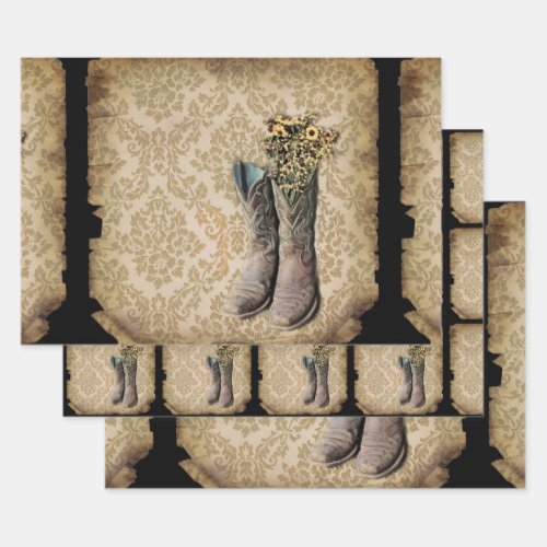 rustic damask western country cowboy boot wrapping paper sheets