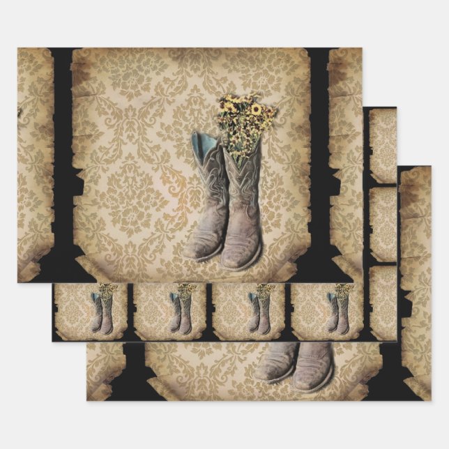 rustic damask western country cowboy boot wrapping paper sheets (Set)