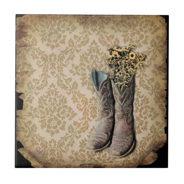 rustic damask western country cowboy ceramic tile (Front)