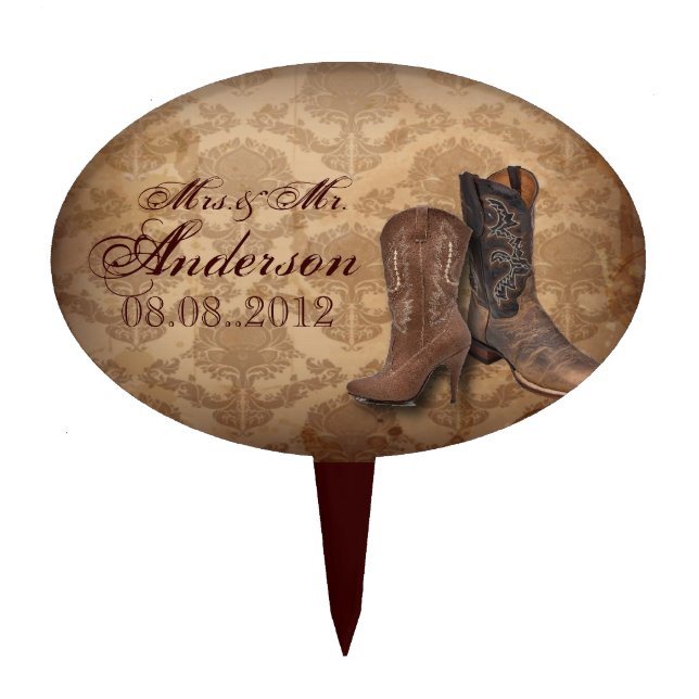 rustic damask Western Cowboy wedding Cake Topper (Front)