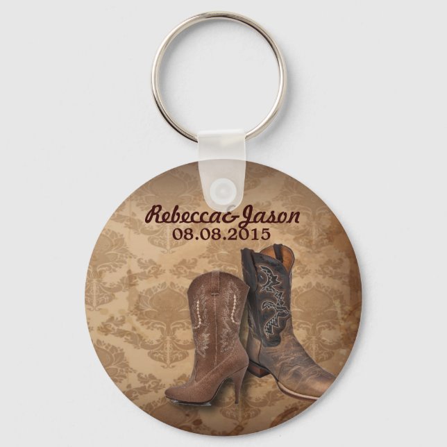 rustic damask Western Cowboy wedding favor Keychain (Front)