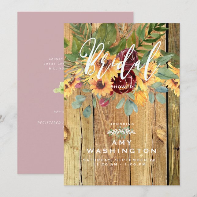 Rustic Dancing Sunflowers Dusty Rose Bridal Shower Invitation (Front/Back)