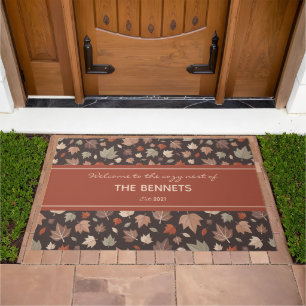Rustic Dark Autumn Leaf Family Name Doormat