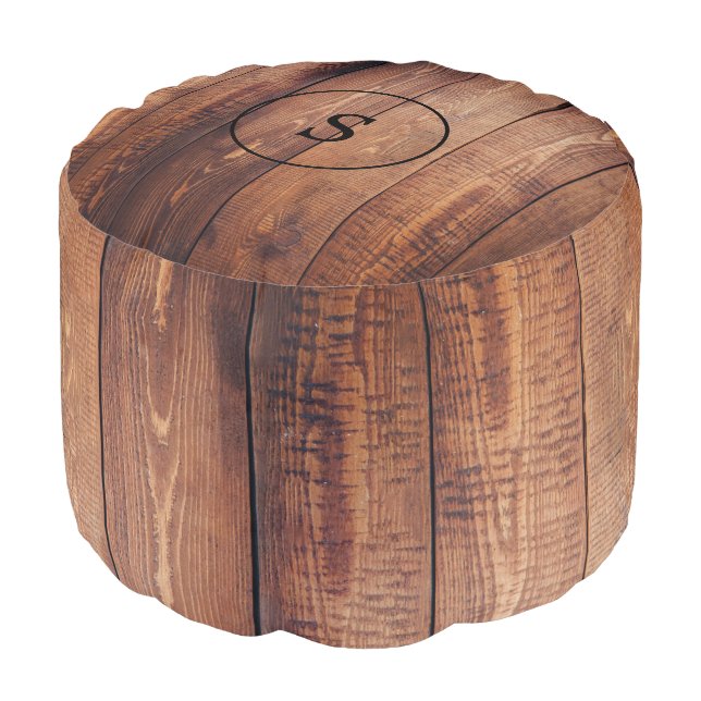Rustic dark barn wood pattern monogram pouf (Angled Front)
