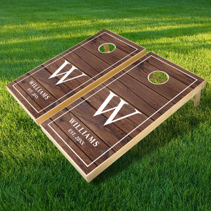 Rustic Dark Barn Wood Planks Family Monogram Name Cornhole Set
