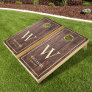 Rustic Dark Barn Wood Planks Family Name Monogram Cornhole Set