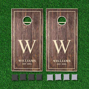 Rustic Dark Barn Wood Planks Family Name Monogram Cornhole Set