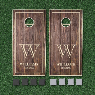 Rustic Dark Barn Wood Planks Family Name Monogram Cornhole Set