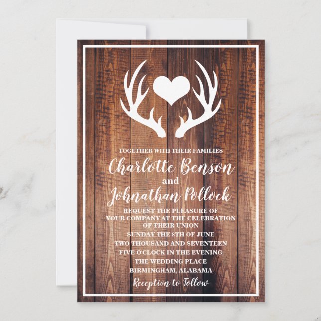 Rustic Dark Barn Wood & White Deer Antlers Wedding Invitation (Front)