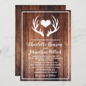 Rustic Dark Barn Wood & White Deer Antlers Wedding Invitation (Front/Back)