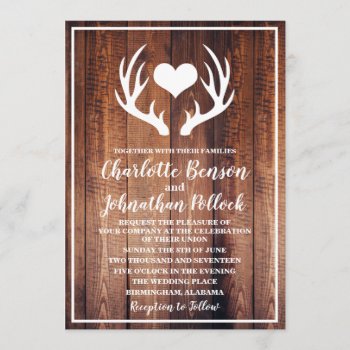 Rustic Dark Barn Wood & White Deer Antlers Wedding Invitation by GrudaHomeDecor at Zazzle
