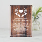 Rustic Dark Barn Wood & White Deer Antlers Wedding Invitation (Standing Front)